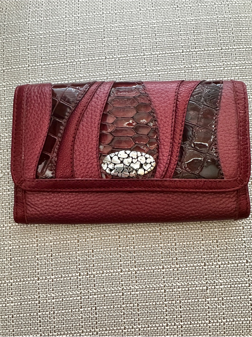 Brighton Burgundy Red Leather Wallet with Croc-Effect Panels and Silver Accent